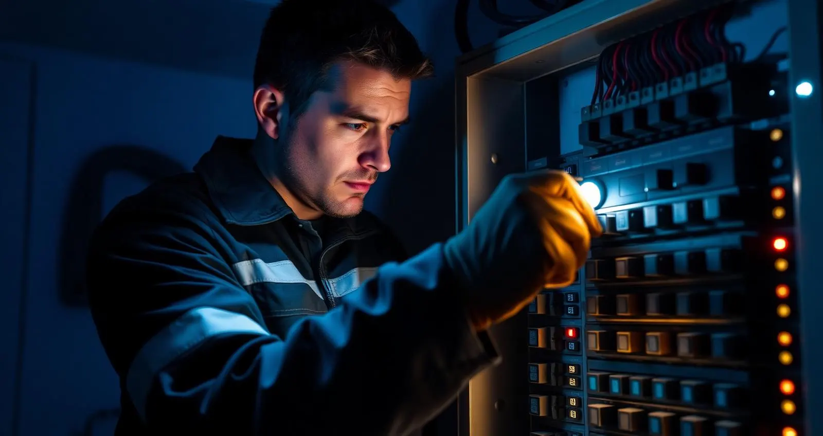 Elektrikár v ochranných rukaviciach kontroluje otvorený rozvádzač pri svetle čelovky