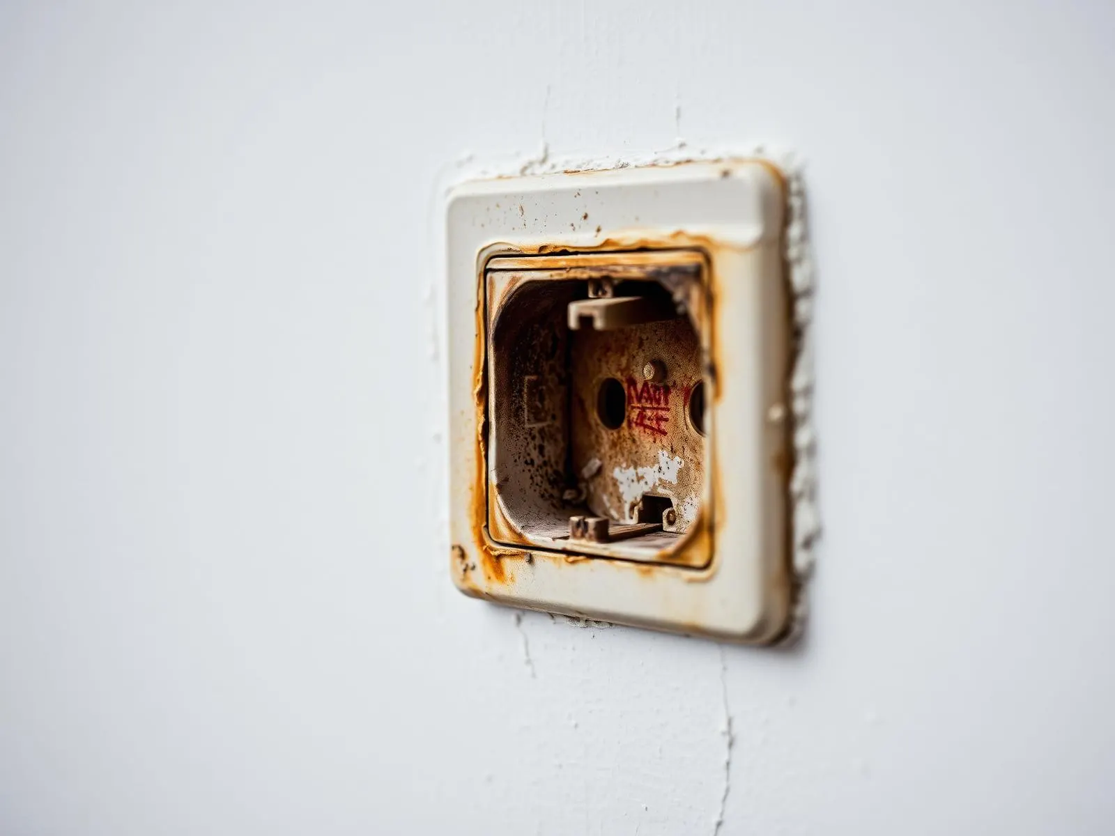 Zásuvka so zhnednutým a začadeným rámom na bielej stene