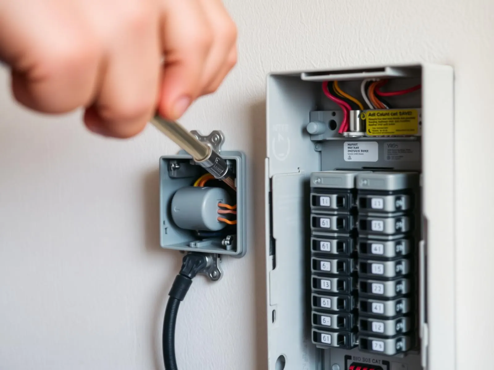 Elektrikár skrutkovačom pracuje na vytiahnutej zásuvke pri rozvodnej skrinke